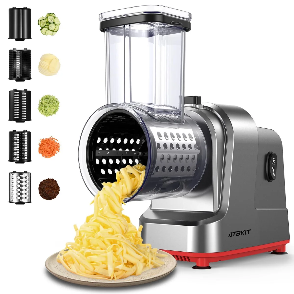 White upright food processor with clear hopper and five stainless steel blades