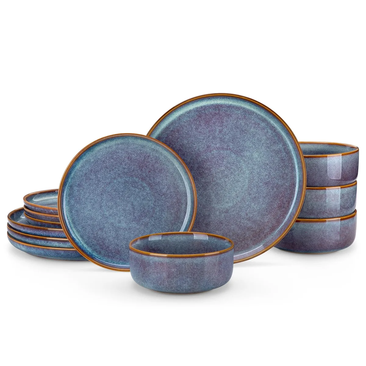 Twelve white square ceramic pieces with grey-blue rims, four dinner plates, four salad plates, four bowls