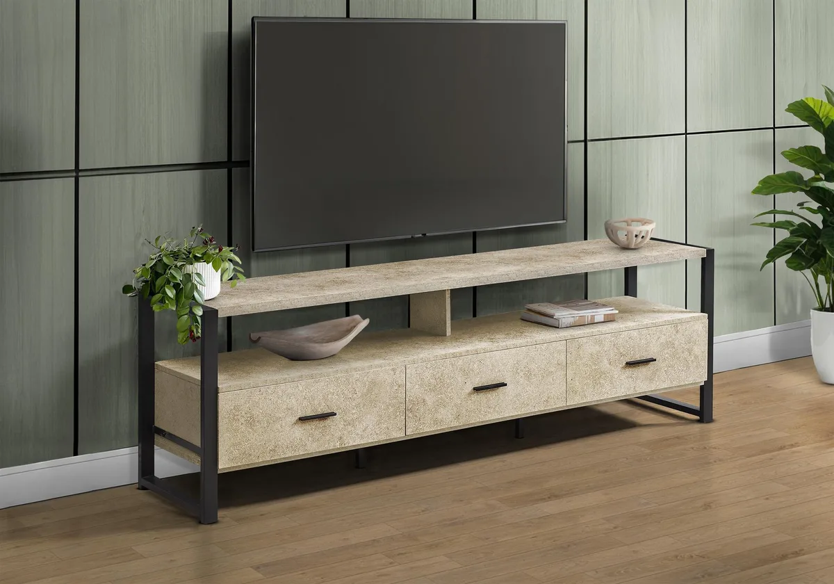 tuphen tuphen 72 Inch TV Stand Cream Stone Laminate Black Metal 3 Drawers — product photo