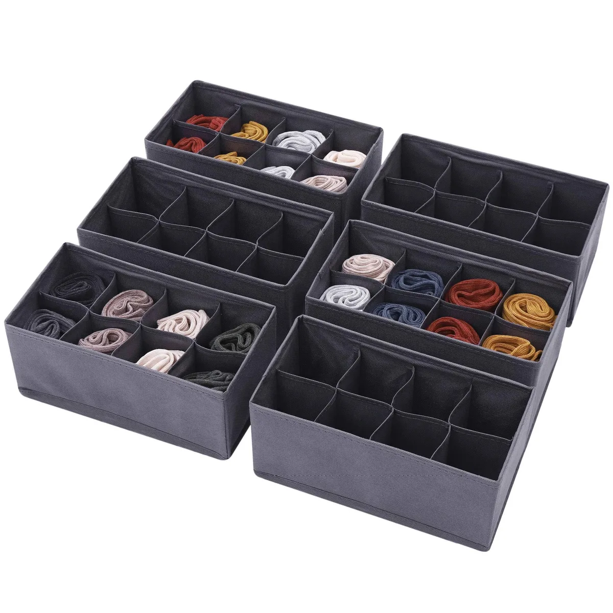Six dark grey foldable fabric storage boxes with cardboard sides, rectangular shape, stacked together