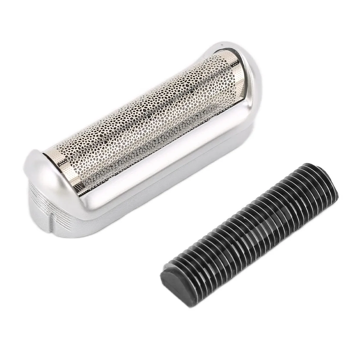 Single rectangular foil and cutter cassette in silver metal and black plastic, one piece shown