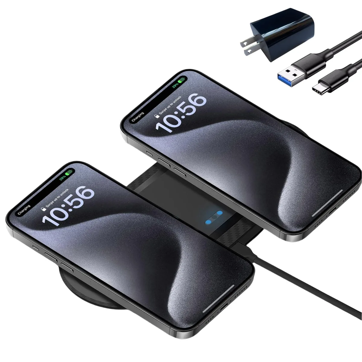 Flat rectangular wireless charging pad with two circular zones, matte black finish, compact form factor