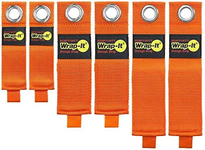 Six blaze orange hook-and-loop storage straps with stainless steel grommets in assorted lengths
