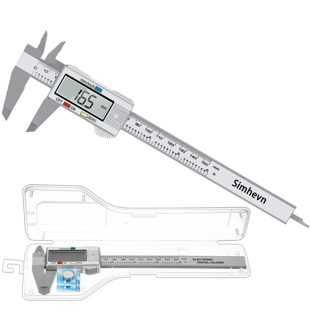 Electronic digital caliper with LCD display, plastic jaws, and protective case