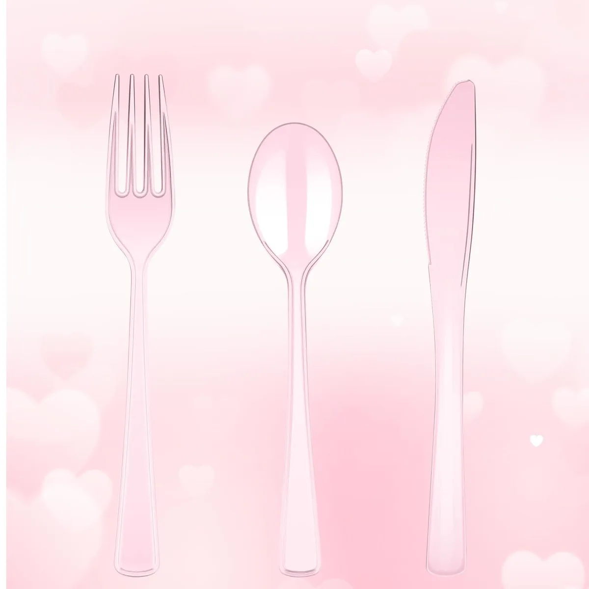 Box of 150 clear pink plastic forks, knives and spoons