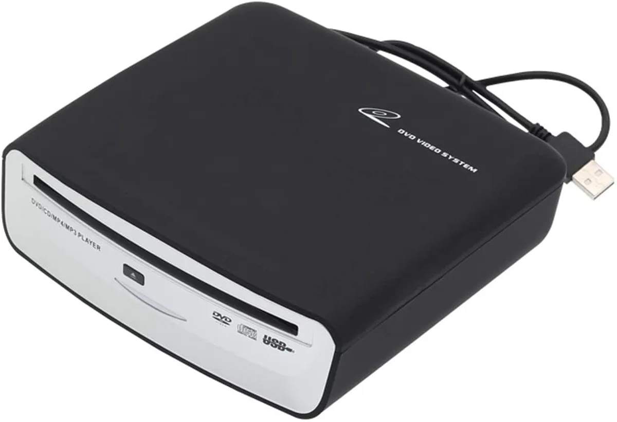 Black rectangular car CD player with slot-load mechanism and USB cable