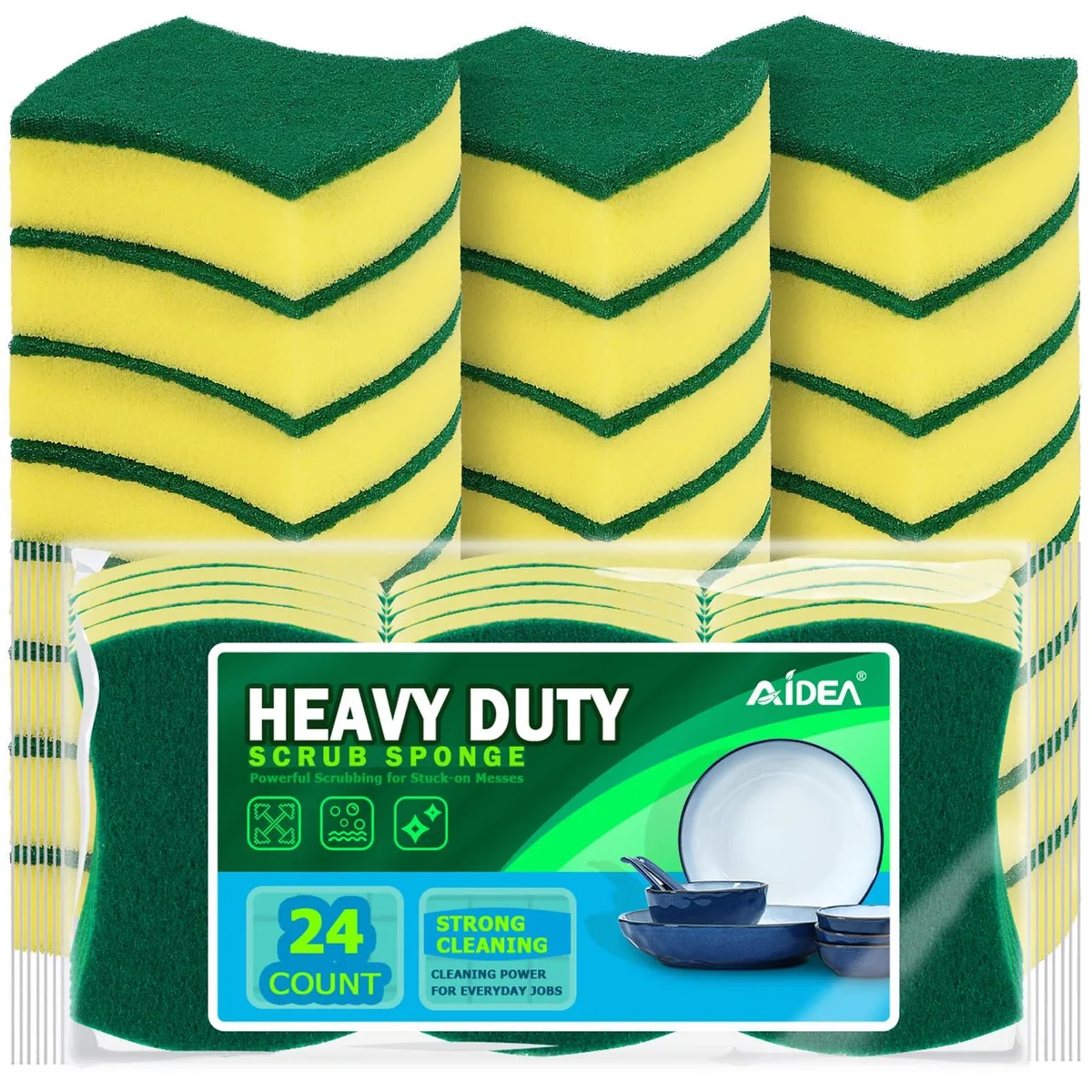 Twenty-four yellow and green rectangular scrub sponges in a clear bag