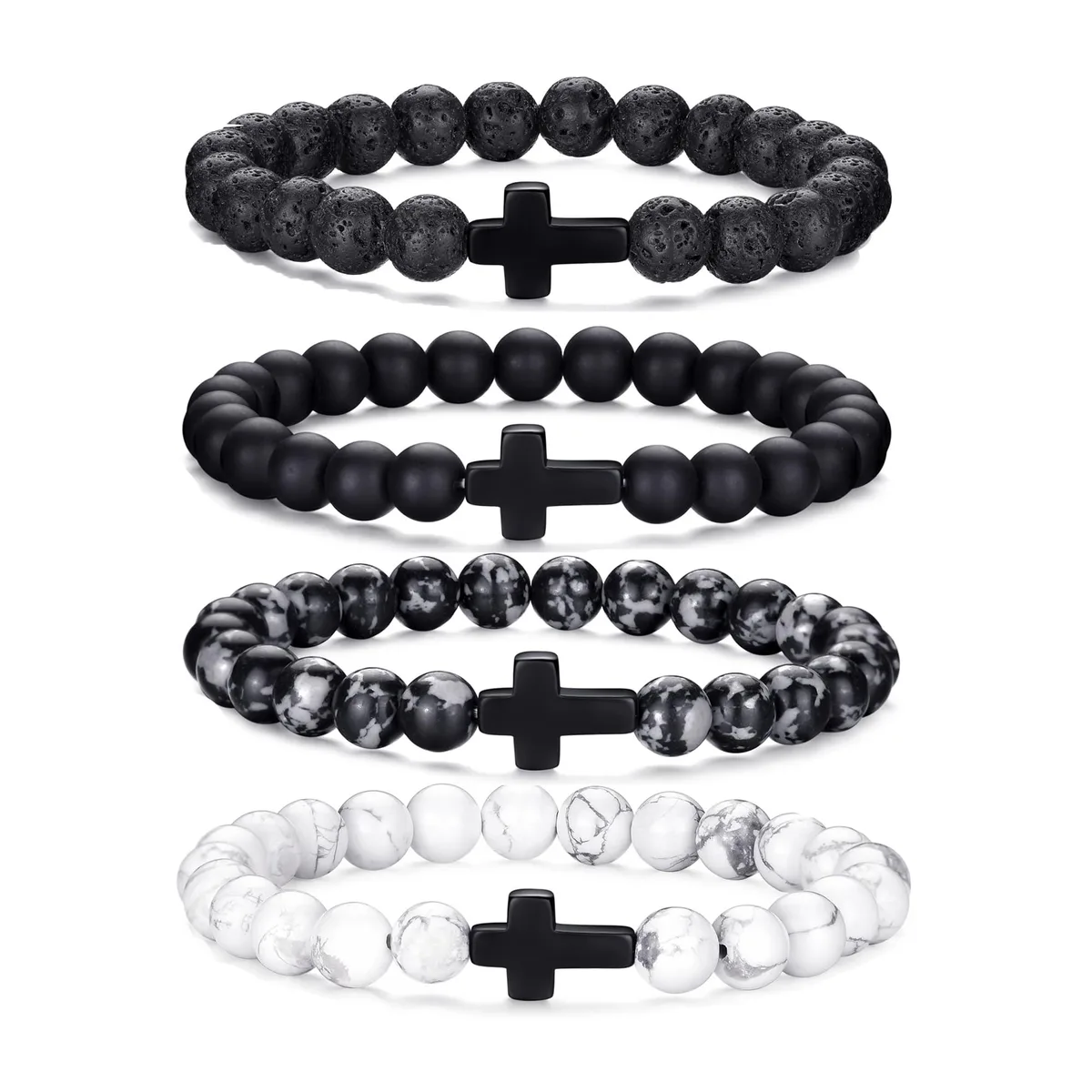  RANKEEF Cross Bracelet Set 8mm 4pcs Black Stretch — product photo