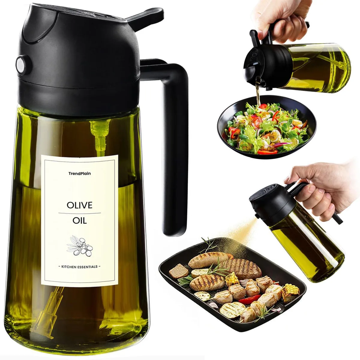 Black glass oil sprayer bottle with handle and trigger sprayer, 18.31 cm tall