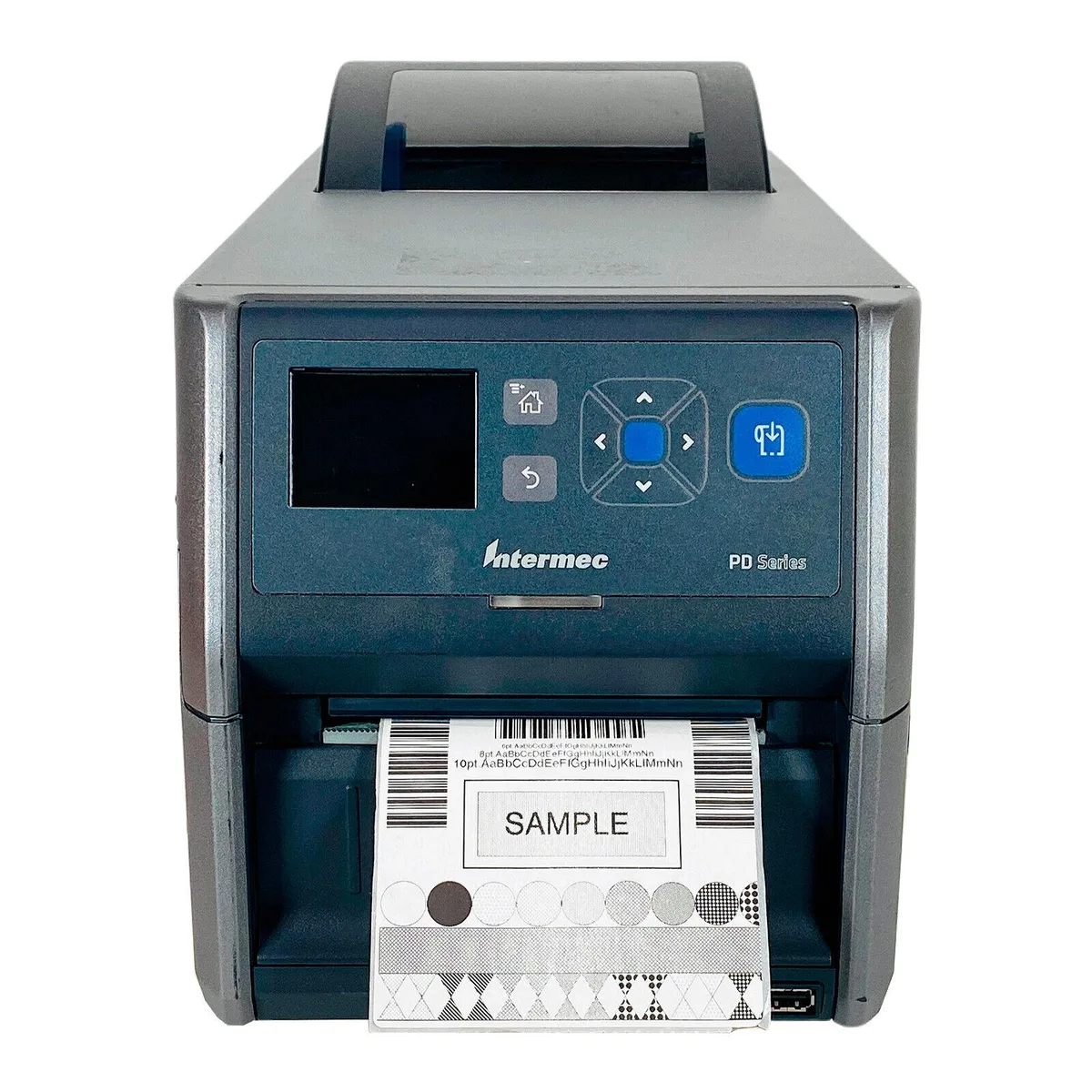 Intermec PD43 desktop barcode printer, light grey enclosure, top cover open showing label roll compartment