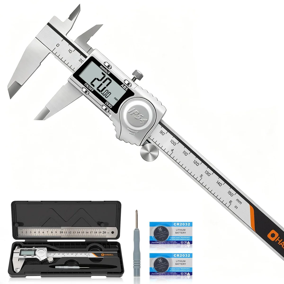 Stainless steel digital caliper with IP54 rated display, thumb roller and locking screw