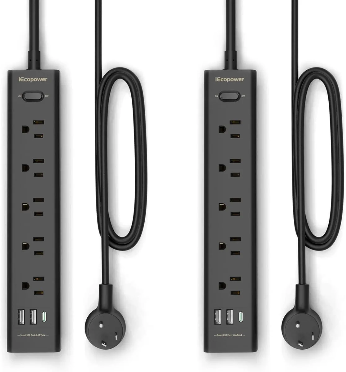 Elestur Elestur Surge Protector 15 ft 5 Outlets 3 USB 1 USB-C 1250W 700J Black 2 Pack — product photo