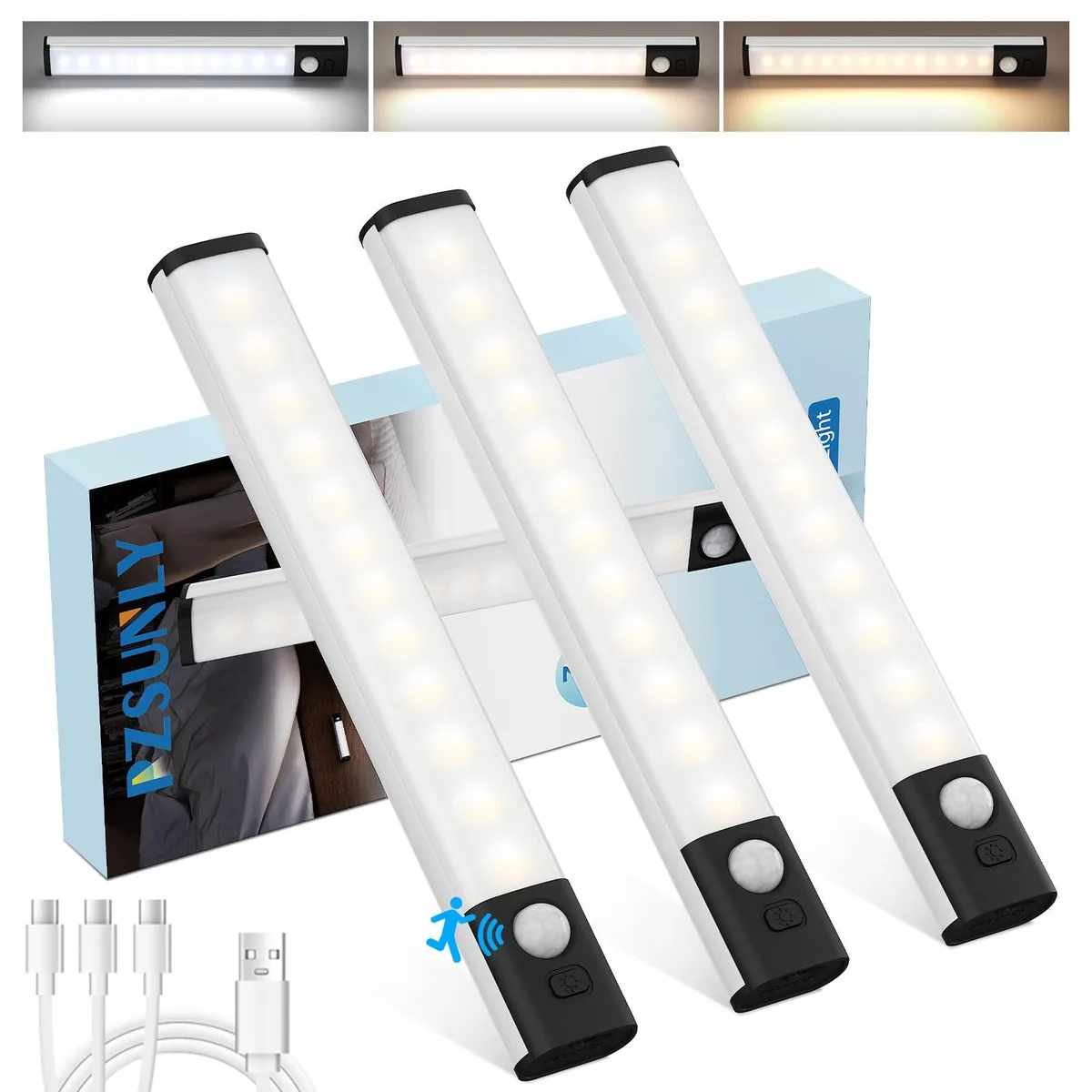  PZSUNLY Under Cabinet Light Kit 3 Pack Black 8 inch 3000K 4500K 6000K — product photo