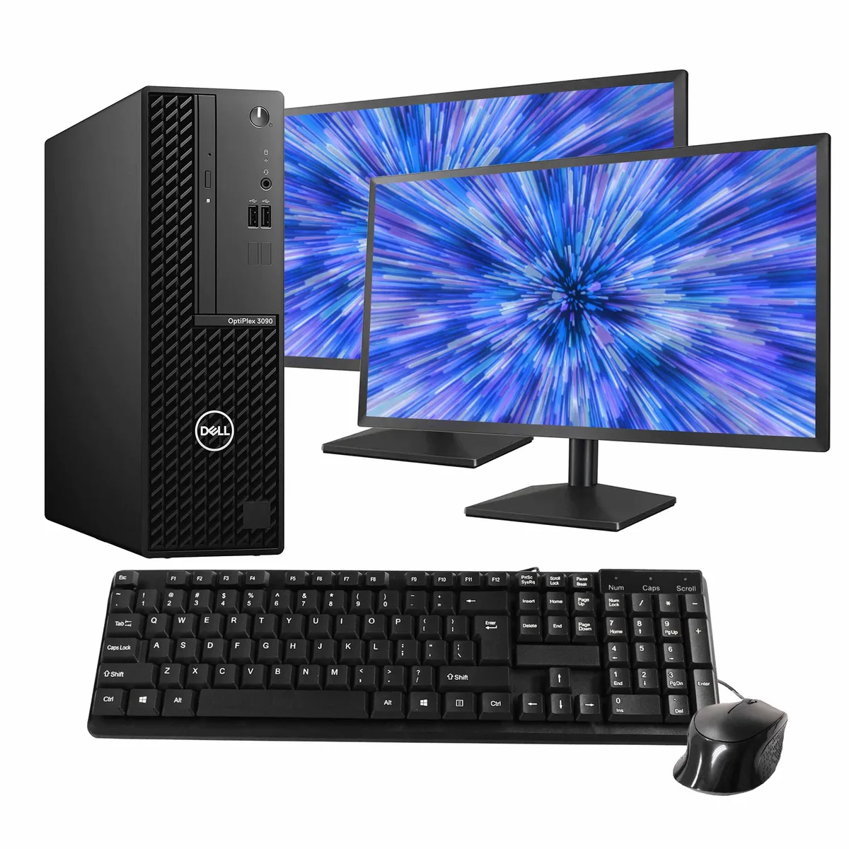 DELL DELL OptiPlex 3090 desktop PC i5-10505 16GB DDR3 500GB SSD Windows 11 Pro dual 24" monitors keyboard mouse — product photo