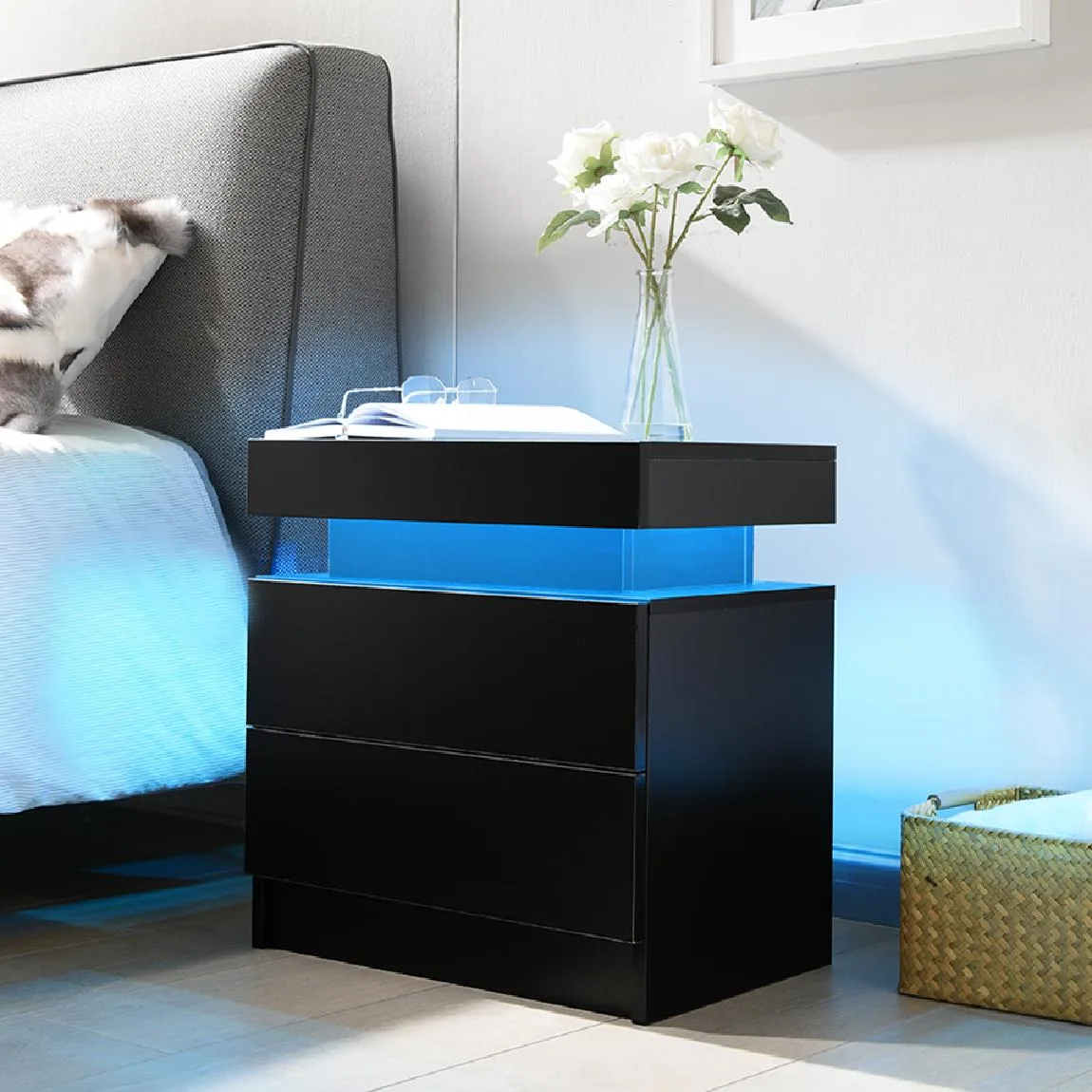 tuphen tuphen Nightstand LED Bedside Table Cabinet 2 Drawers Black — product photo