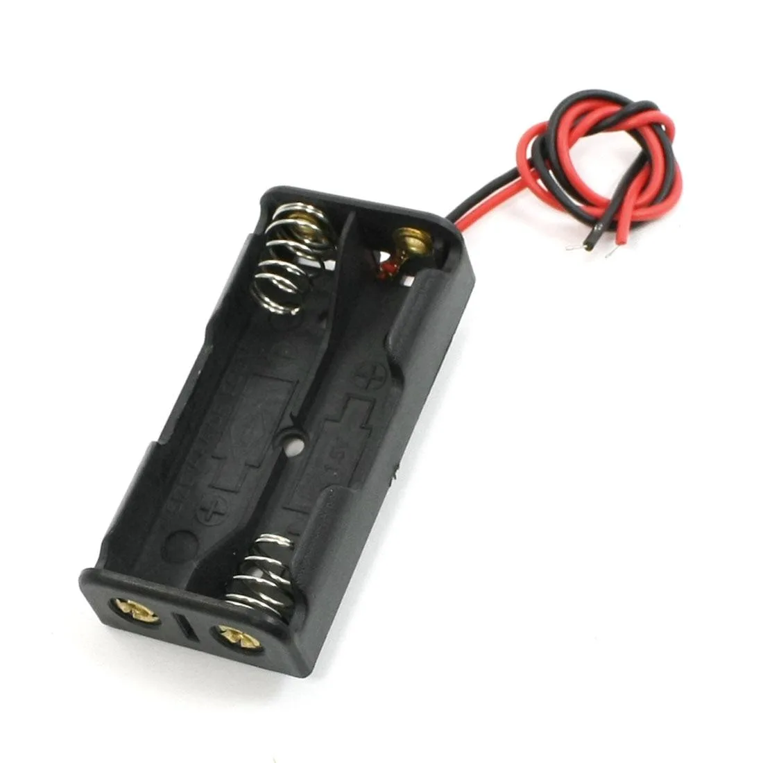 Black plastic battery holder for two AAA cells with wire leads