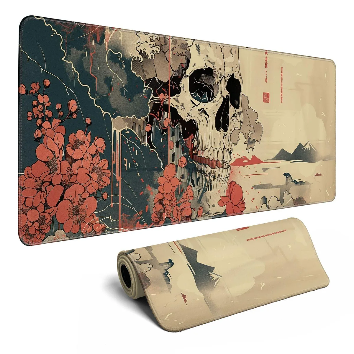 Rectangular desk mat, black with Pattern 10 artwork, stitched edges, 31.5 by 11.8 inches
