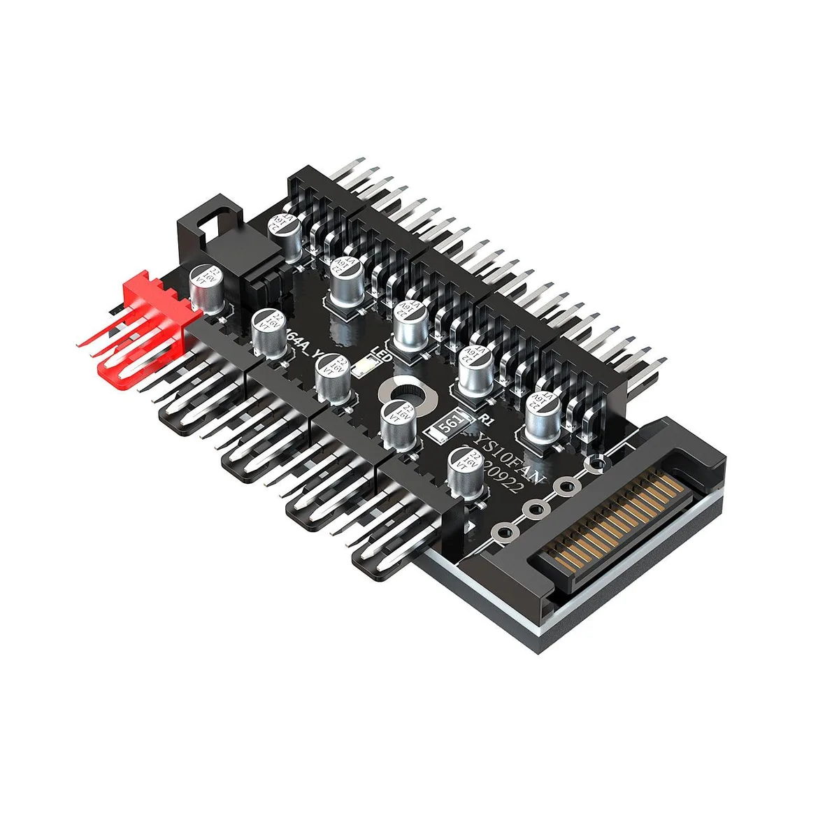 Small black rectangular hub with ten 4-pin PWM fan headers and a SATA power connector, 3M adhesive backing visible