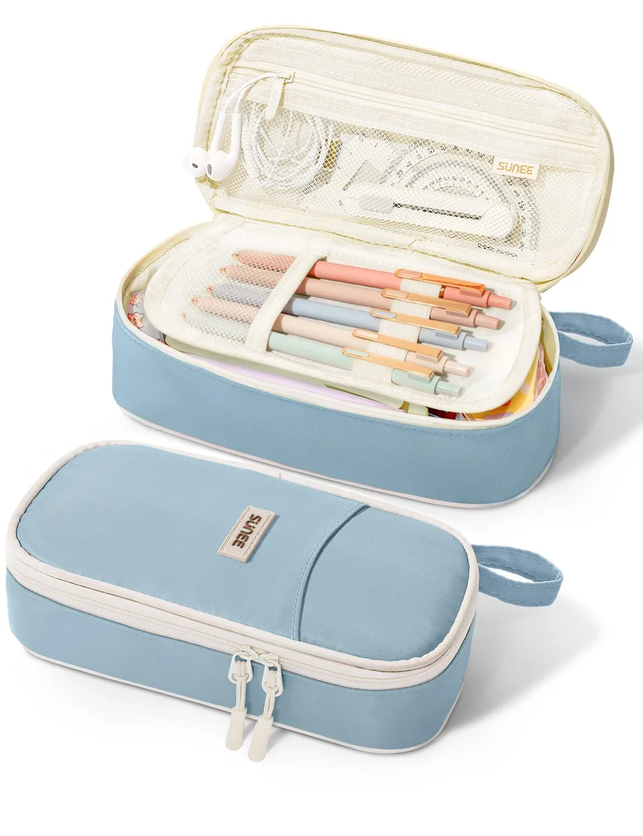 Blue fabric pencil bag with zipper and handle 9 x 4.5 x 2.5 inches