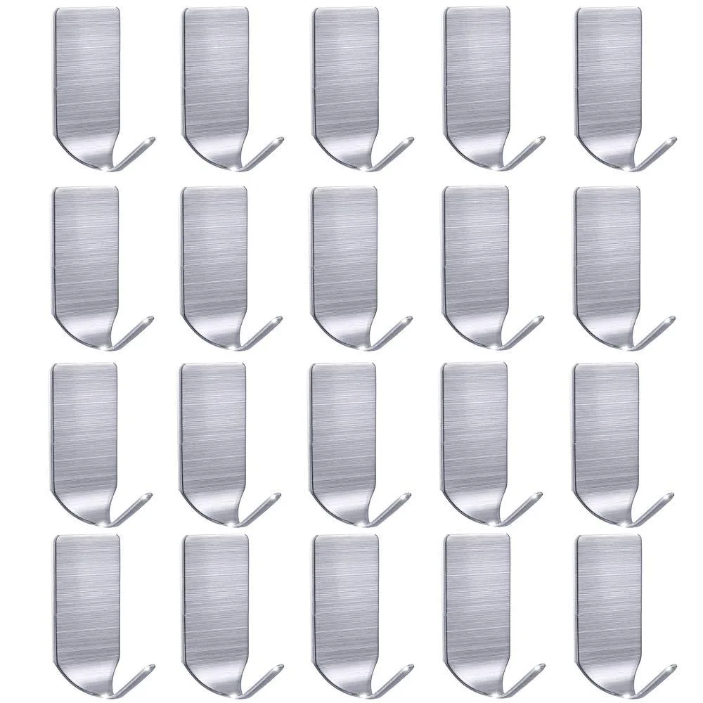 Twenty silver stainless steel adhesive hooks with smooth curved form and brushed finish