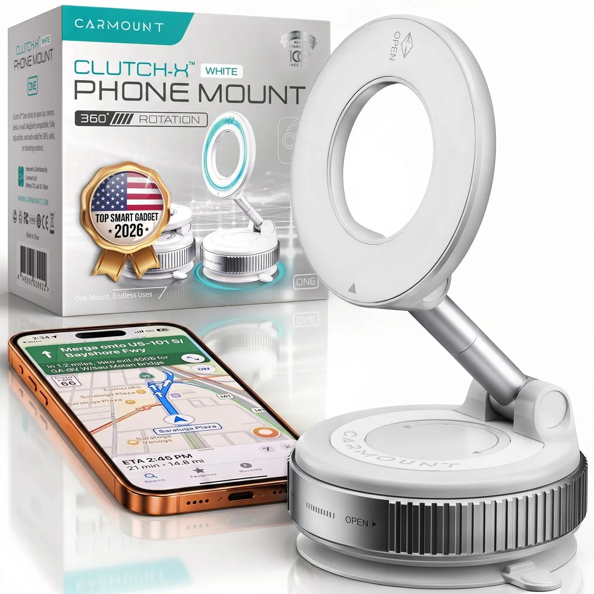  CARMOUNT Clutch-X White Vacuum Magnetic Phone Mount 24 N55 Magnets 360° — product photo