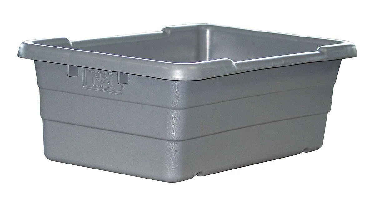 Gray rectangular plastic storage bin with lid, stackable design, 25 x 16 x 8 3/4 inches