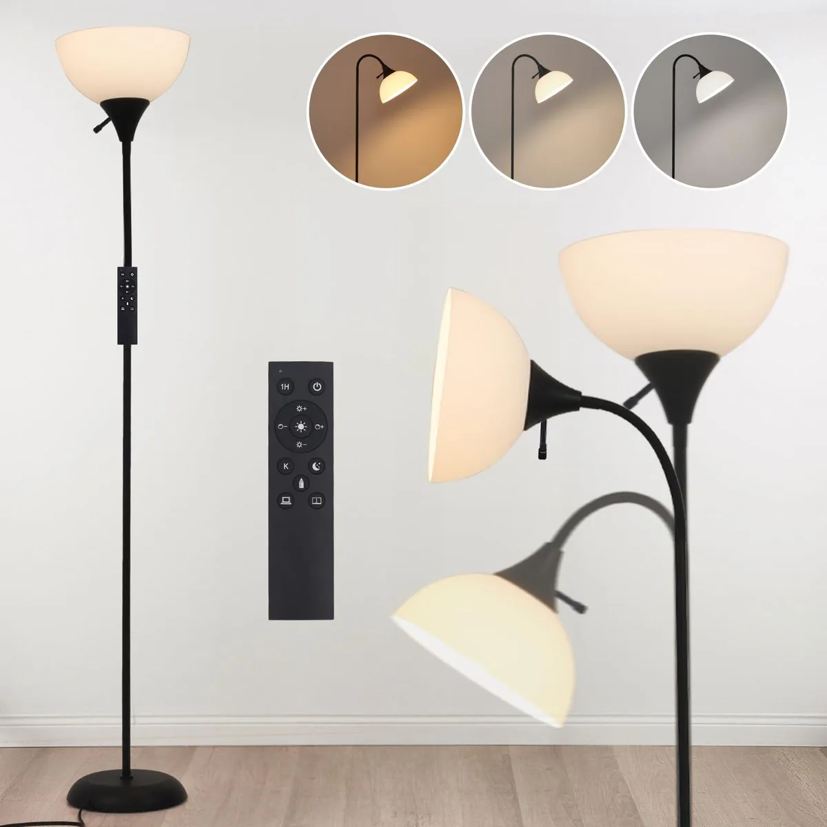 Black powder-coated floor lamp with flexible silicone neck, 10-inch milk-white shade, weighted base, and 2.4G remote control
