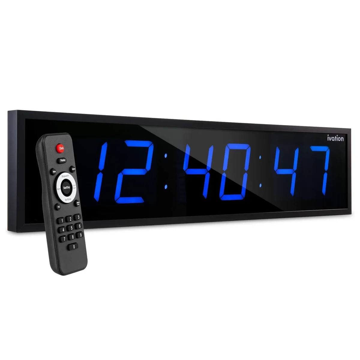Large blue rectangular digital LED clock 24 inches wide with big digits and remote control