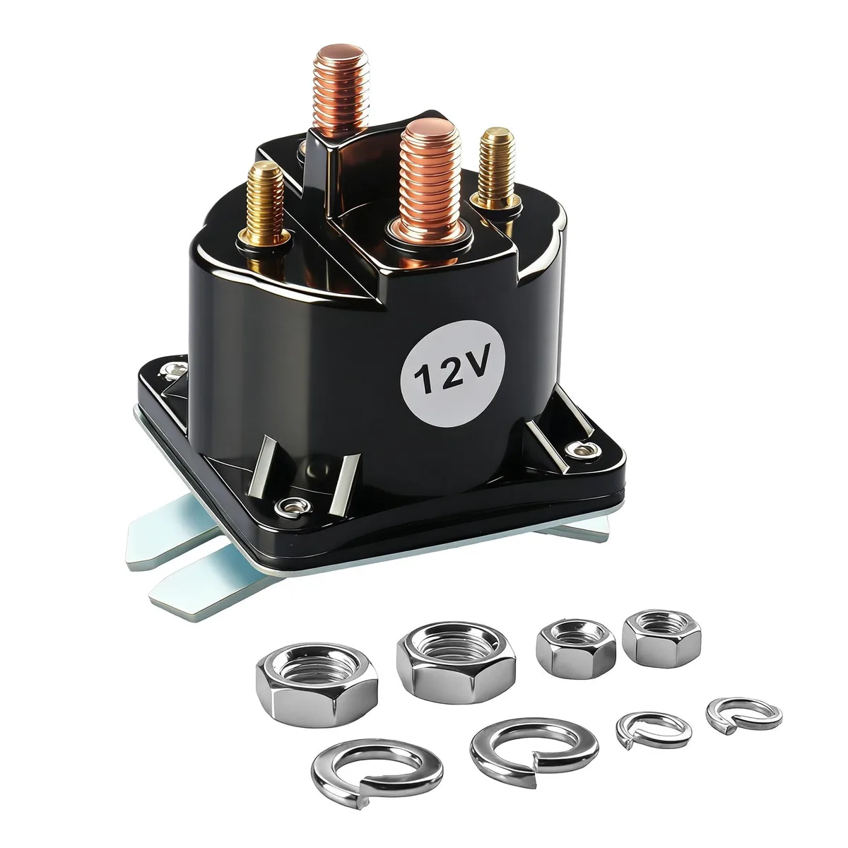 Small black plastic block with four metal terminals and two mounting ears