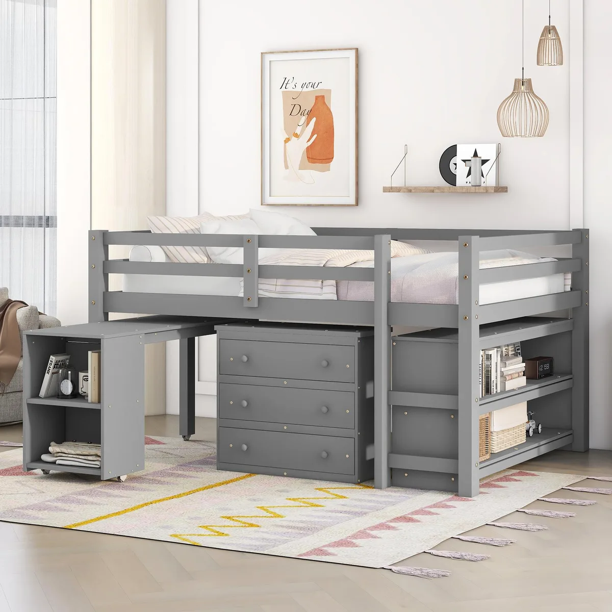 Gray solid-wood full loft bed with cabinet shelves and rolling desk