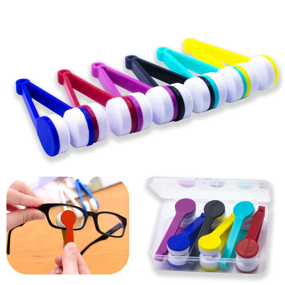 Six small tweezer-shaped lens cleaners in assorted colours, microfiber tips visible, in a clear storage box