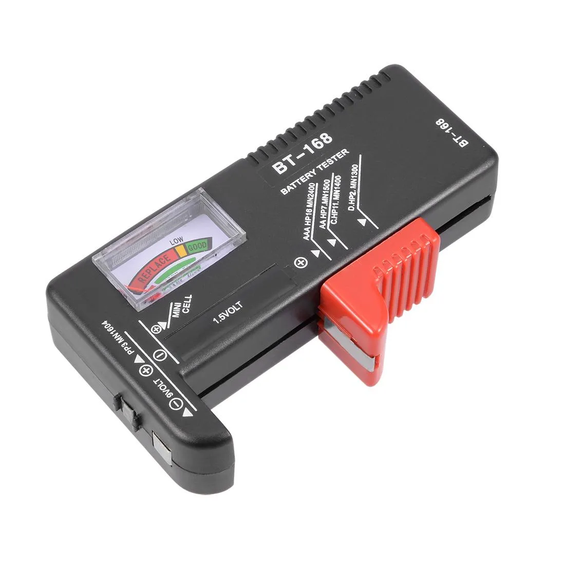 Compact analog battery tester with color-coded needle display for AA AAA C D 9V button cells