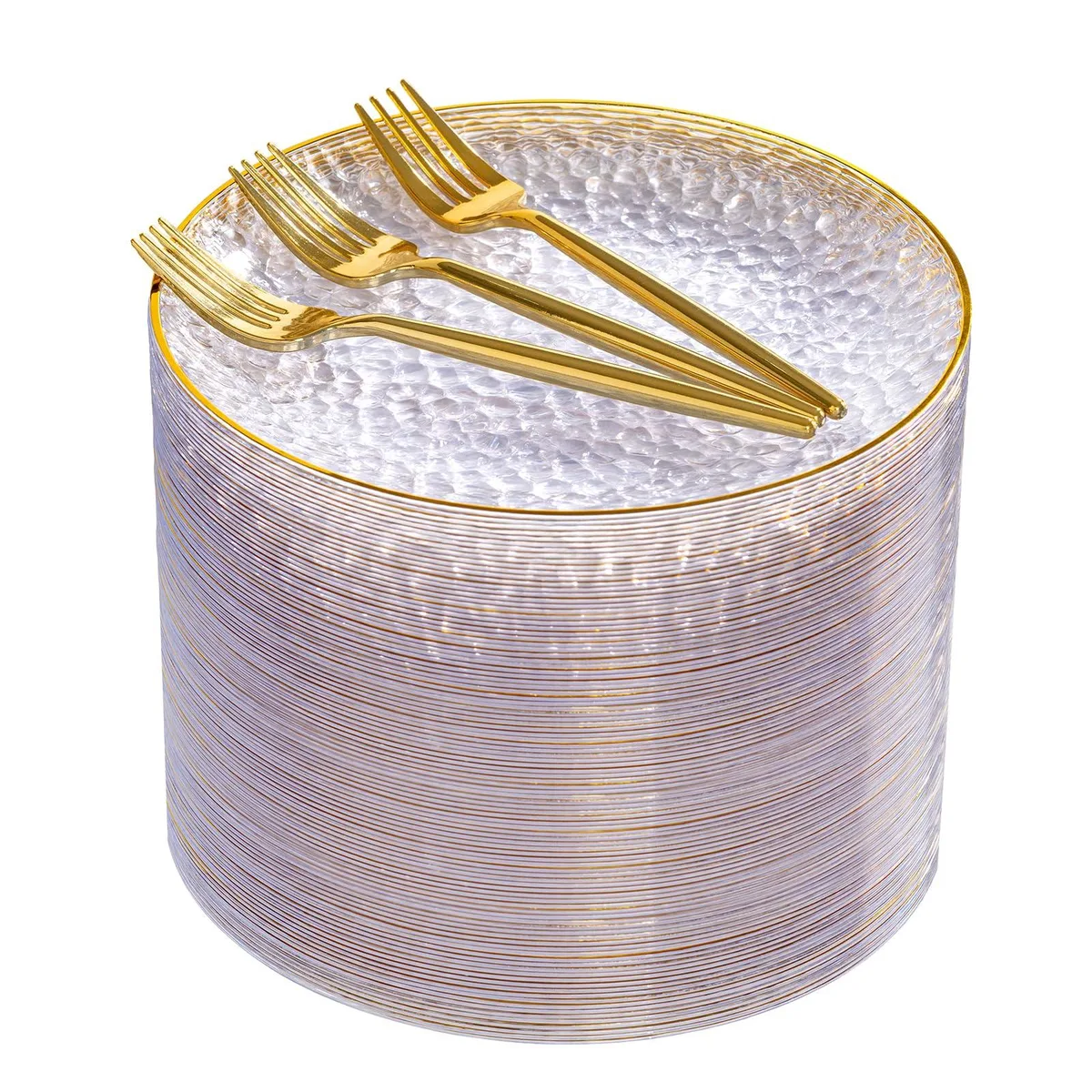 Clear rectangular plastic plates with gold foil rims and matching forks, 30-piece set