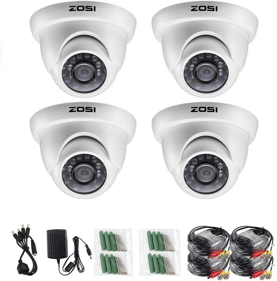 Four white dome cameras with infrared LEDs and cables