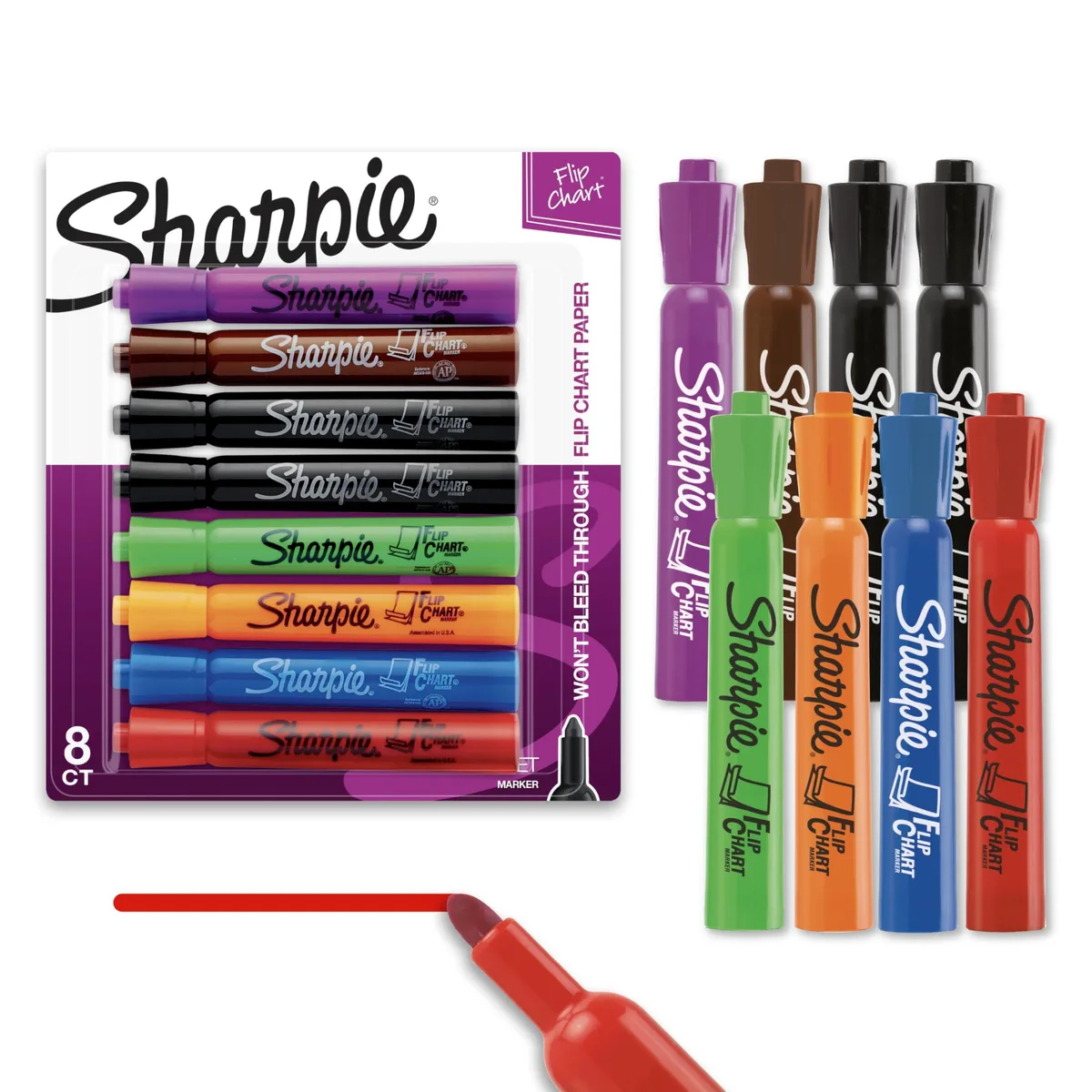 Eight Sharpie flip chart markers in assorted colours, bullet tips, cylindrical plastic barrels, in a cardboard pack