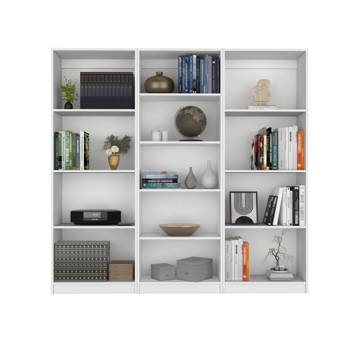 Three white manufactured-wood bookcases, each with four open shelves