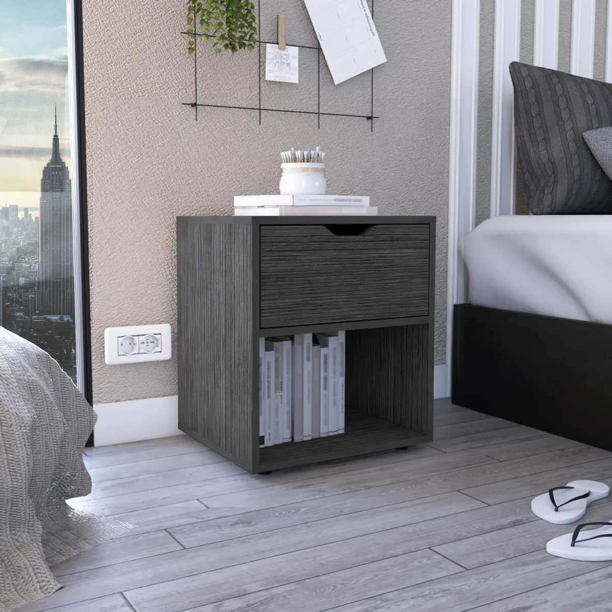Light gray nightstand with drawer and open shelf
