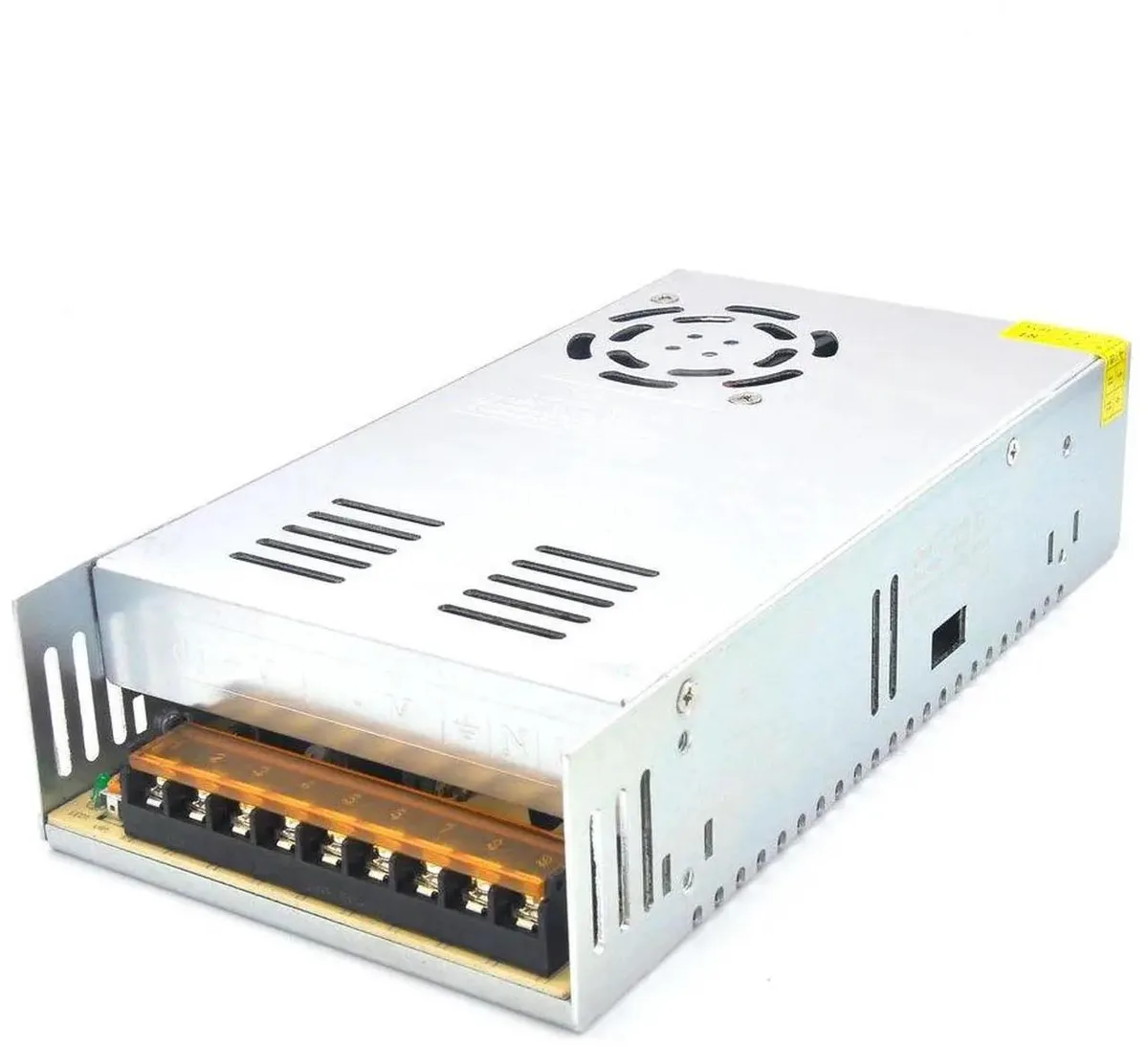 Metal-cased switching power supply with built-in cooling fan and three output terminals