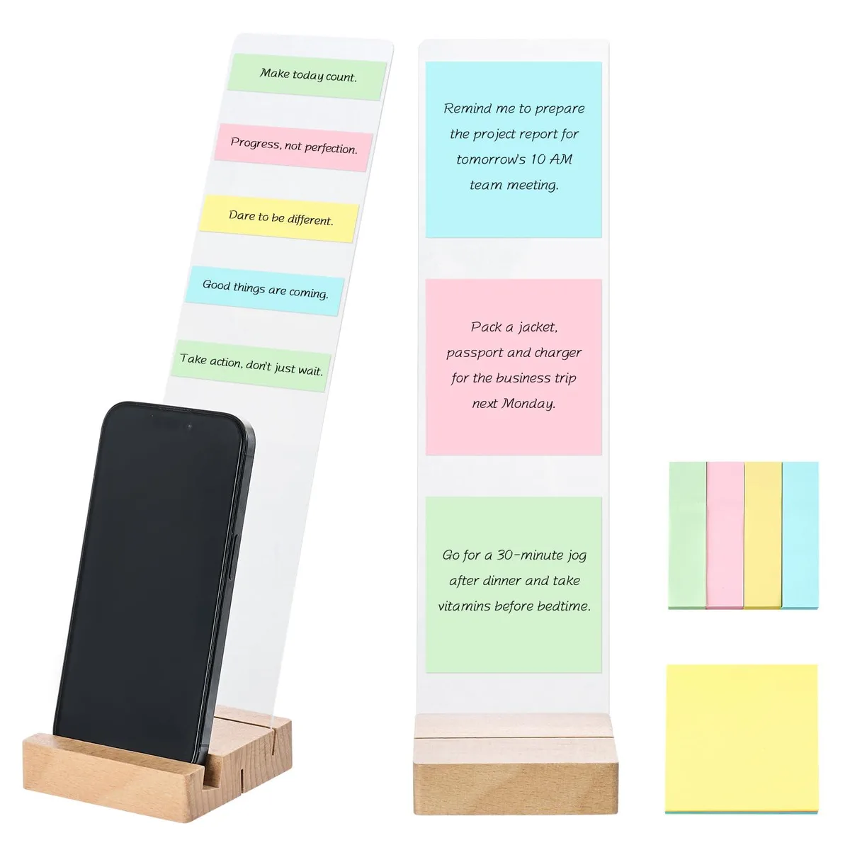 Clear acrylic memo board on light wood base with sticky notes, 30 cm wide