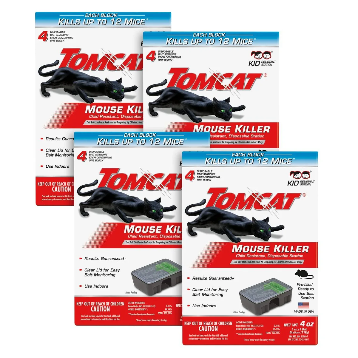 Four white rectangular bait stations with clear lids in a row