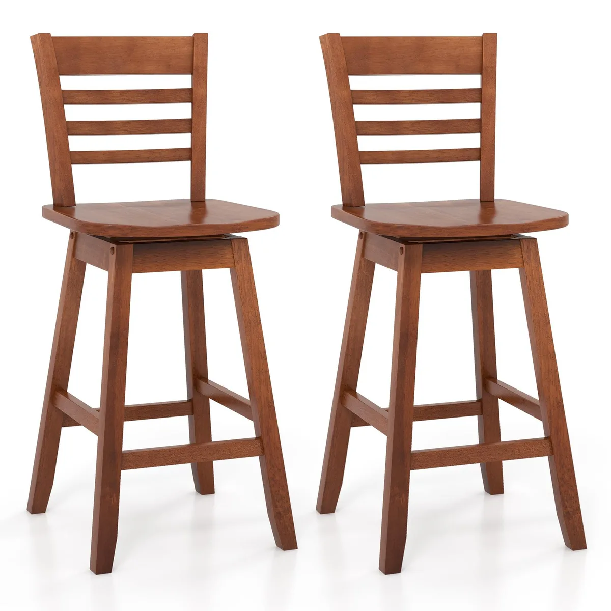 Two dark brown wooden counter-height barstools with metal footrests and swivel seats