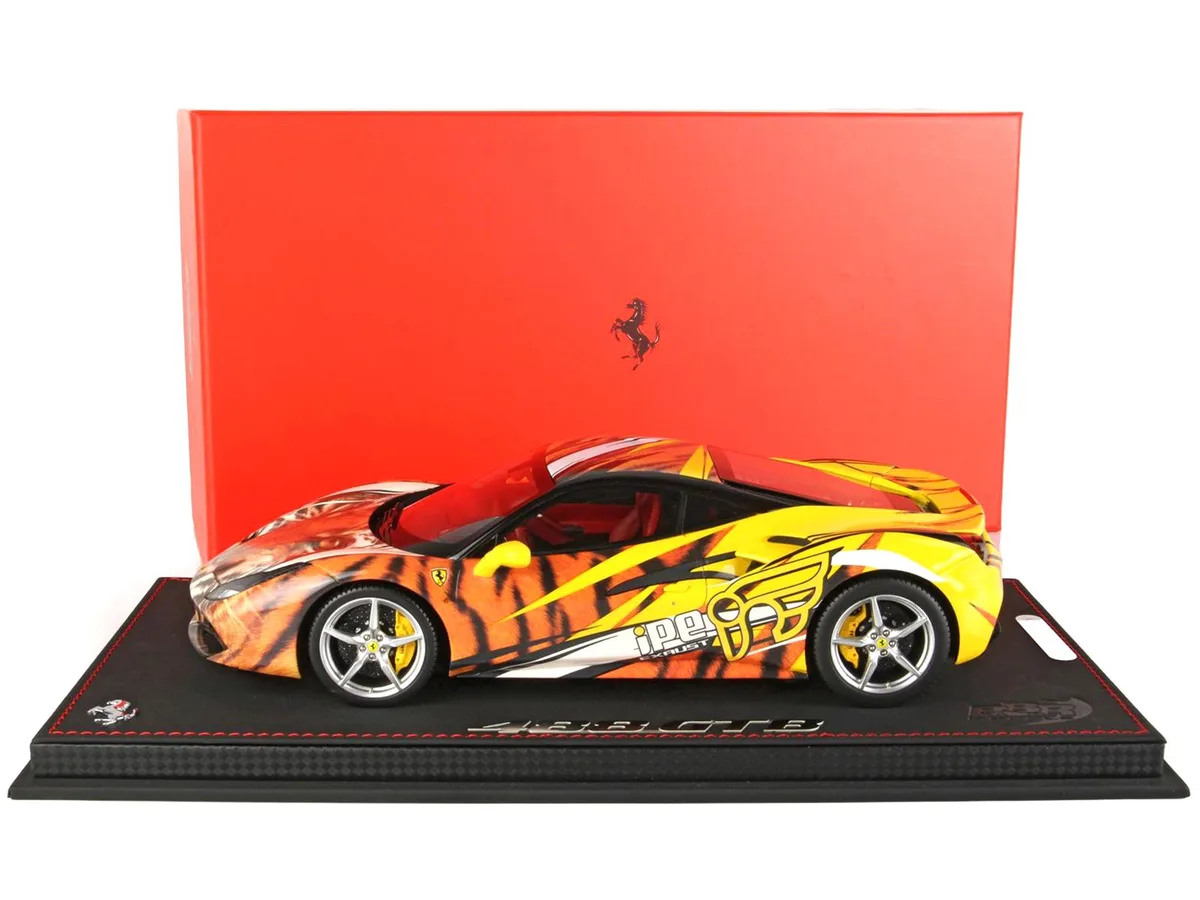 BBR BBR Ferrari 488 GTB IPE Exhaust Giallo Modena Tiger Graphics 1/18 Ltd Ed 100 pcs — product photo