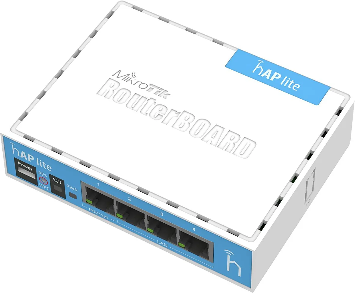 Small white plastic router with four Ethernet ports and USB power cable