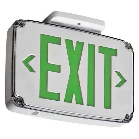 White plastic single-face LED exit sign with green letters and universal chevrons