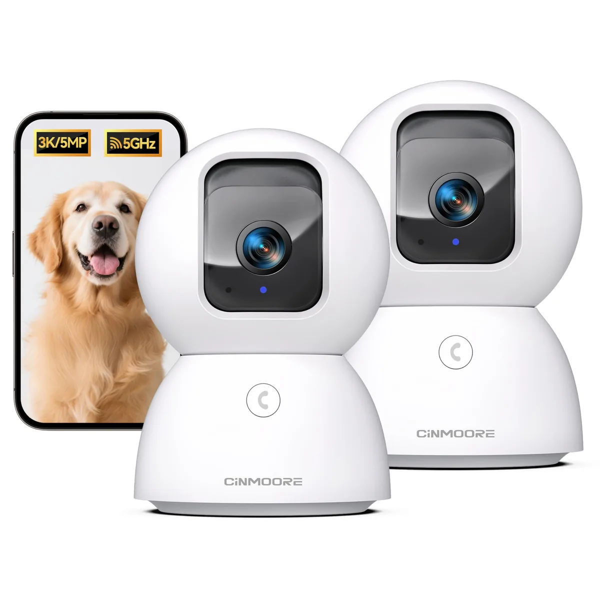Two white indoor PTZ cameras on a surface, each with a glossy finish and dark lens ring