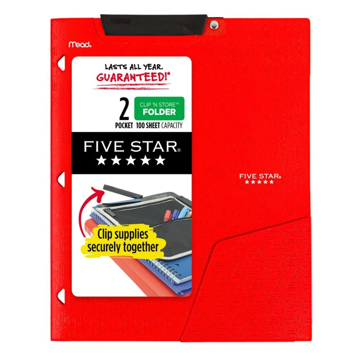 Fire red plastic folder with two pockets and a large clip