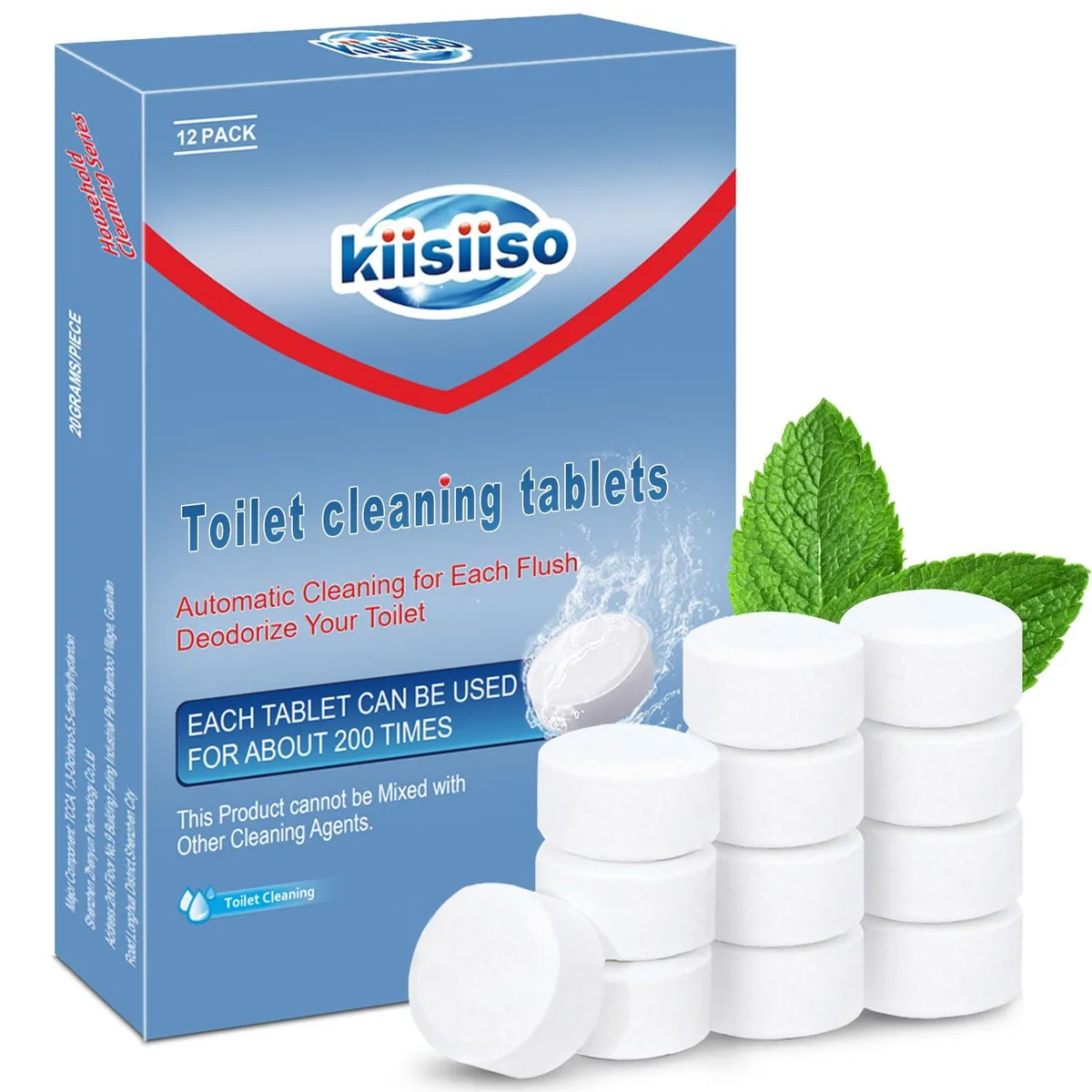 White toilet cleaner tablets in a 12-pack box