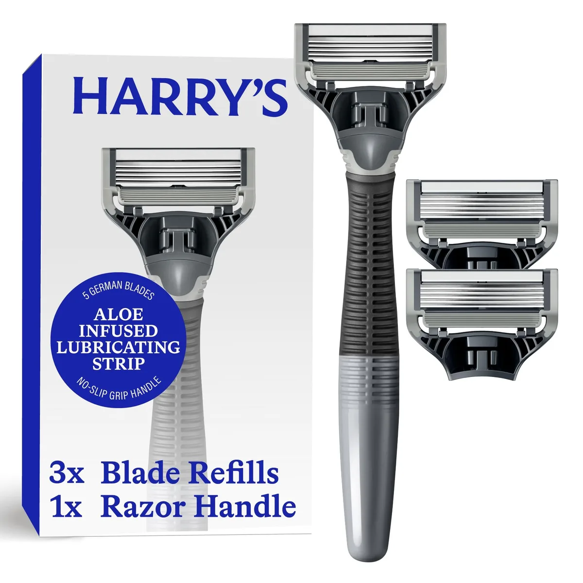 Charcoal rubberised razor handle with three cartridge refills