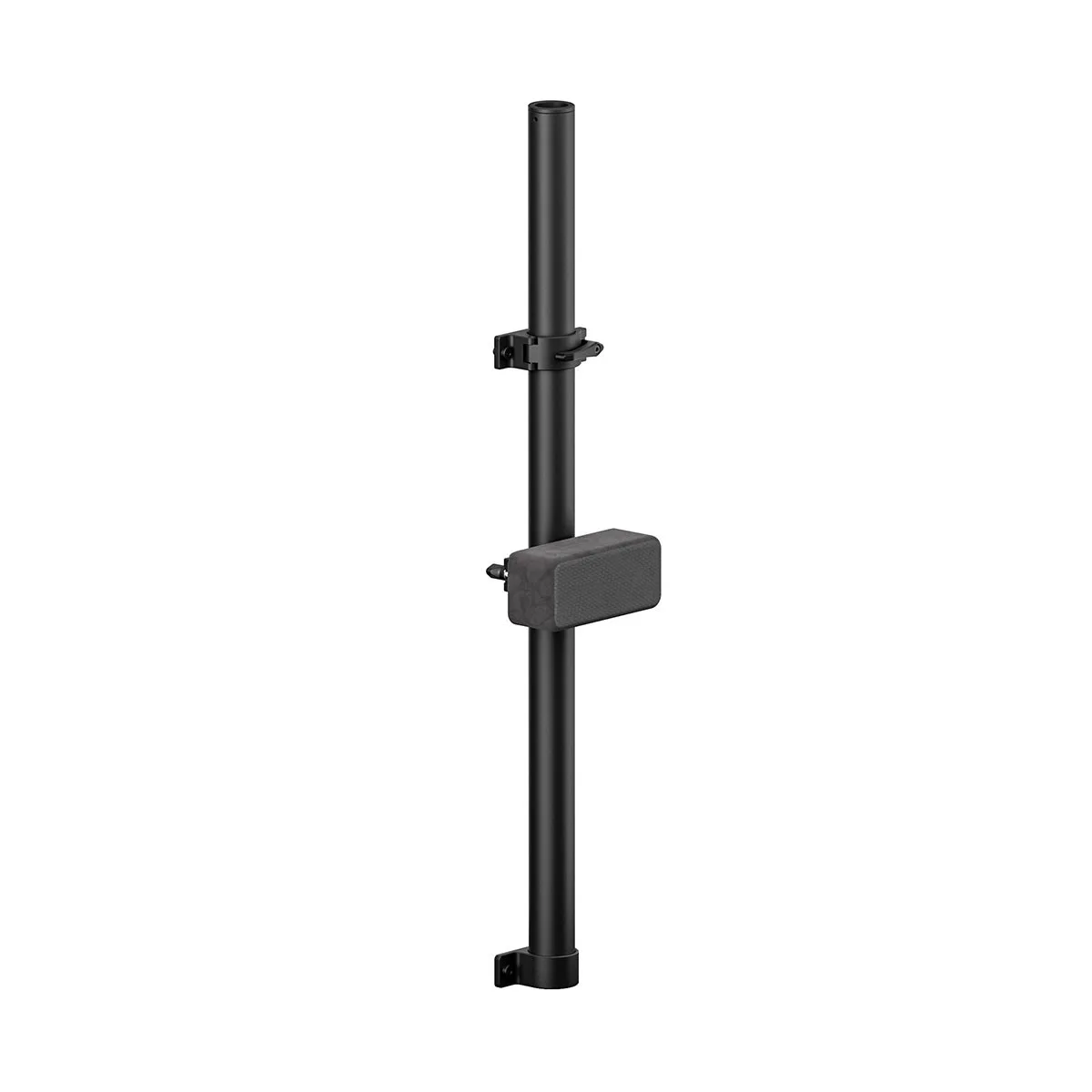 Black metal steadicam dock with baby pin mounted on camera cart side