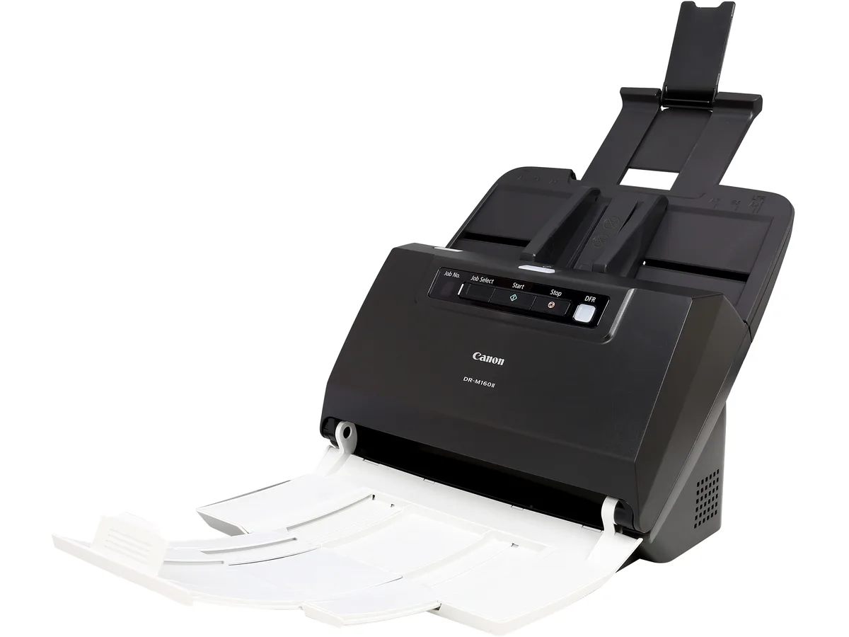Compact white sheet-fed scanner with front control panel and output tray